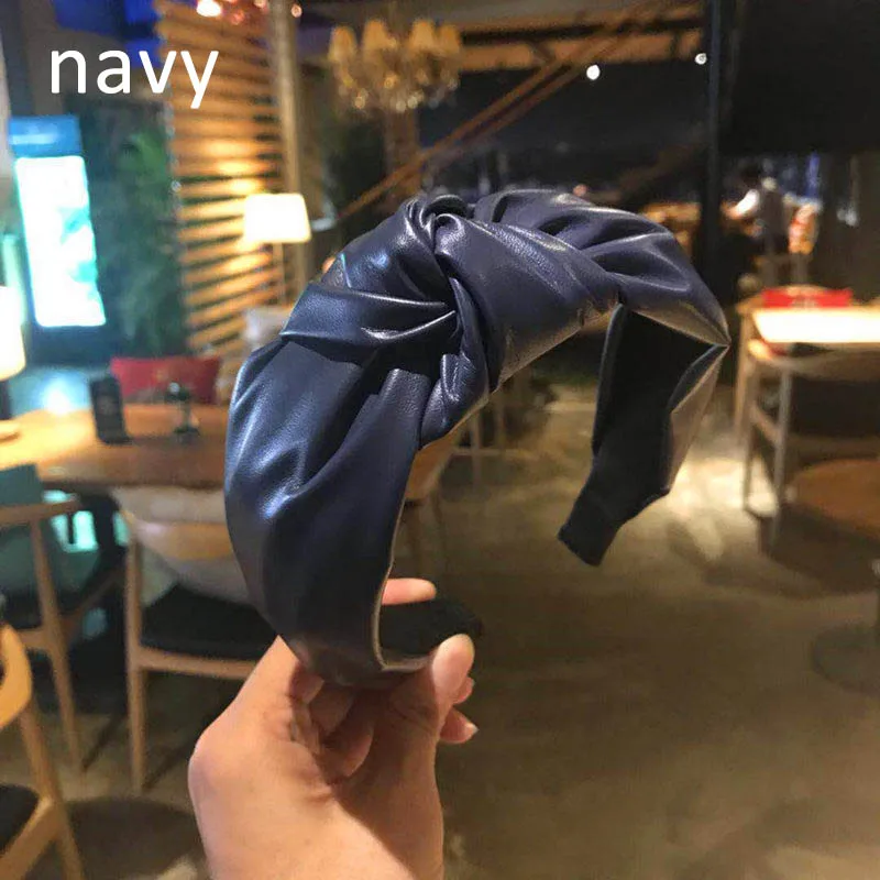 Ретро завязанная повязка на голову ручной работы из искусственной кожи ободок с бантиком женские аксессуары для волос Меховой обруч на голову корейский модный головной убор - Цвет: navy