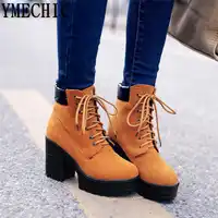 YMECHIC Autumn Women Boots Lace Up Punk Block Heel Shoes Plus Size Black Yellow Womens Boots Ankle Platform Combat Motorcycle