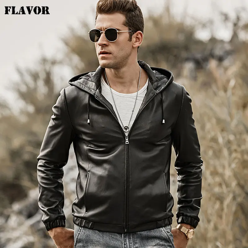 FLAVOR Men's Real Leather Jacket Hoodie Lambskin Genuine Nappa