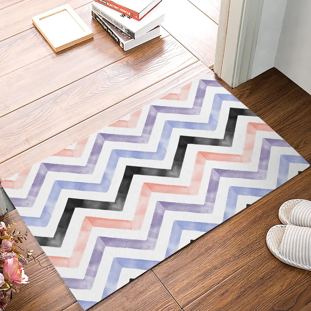 Watercolor Chevron Waves Black White Pink Purple Door Mats Kitchen