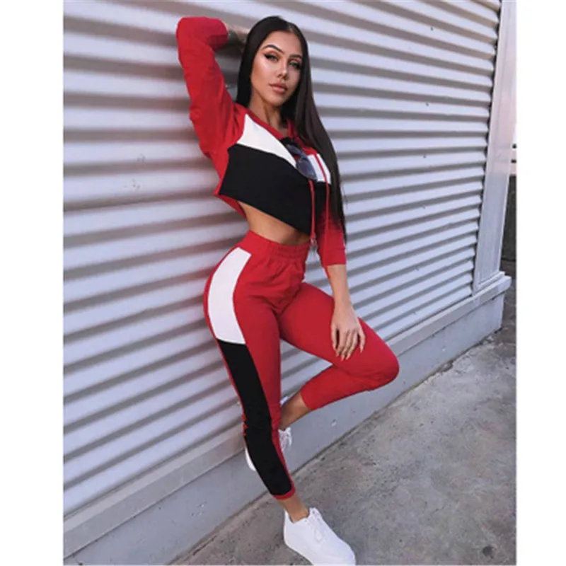 

Women's Workout Fitness Set Long Sleeve Hooded Short Cropped Tops Plus Pants Set 2019 Spring Autumn Sexy Fashion Fitness Sets