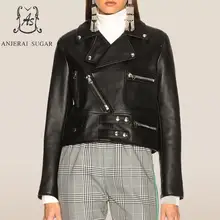 Весенняя Новинка, Женская куртка из натуральной овчины, повседневная, свободная, мотоциклетная, черная, с отложным воротником, с карманом, OL, женское короткое пальто