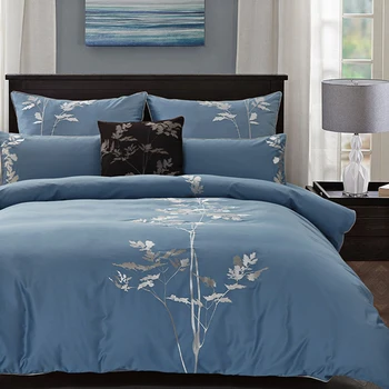 

Art Leaf Embroidery Bedding set Noble Luxury 100% Cotton Original Ropa De Cama Grey Blue Bed Duvet Cover Set 4/6 Queen King