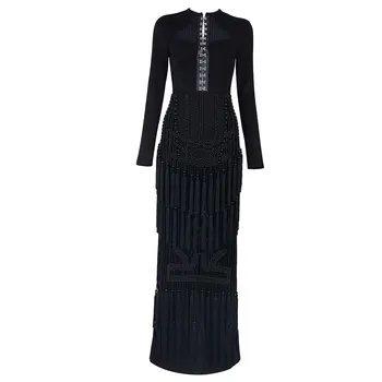 

DressBird Women New Spring Dress Bodycon Vestidos Elegant Black Long Sleeve Tassel Fringe Beading Celebrity Clubwear Maxi Dress