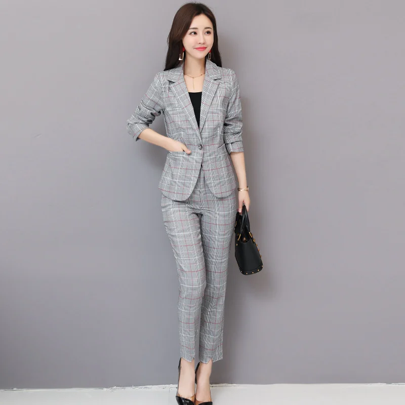 

2 Two Piece Set 2018 Autumn New Houndstooth Business Blazers Jacket and Straight Pants Set Woman Elegant Office Work Slim Suits