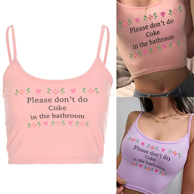 

Women Spaghetti Strap Cropped Tops Letter Print Sexy Summer Tops Crop Tops Ladies Camisole Tops Purple Pink