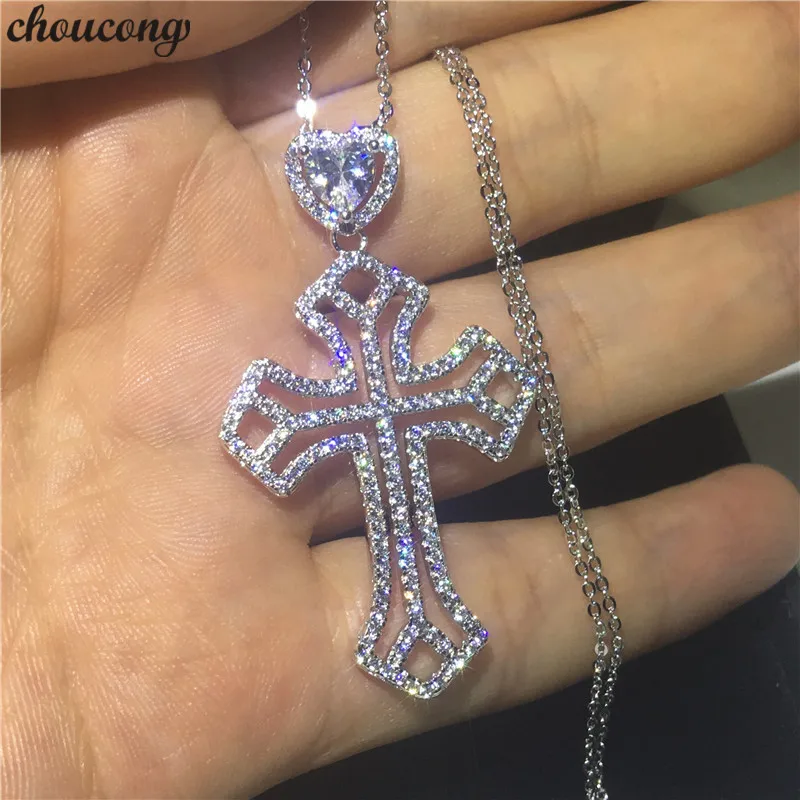 Choucong ручной работы крест подвески сердца AAAAA Cz 925 пробы серебро Свадебный кулон с ожерелья для Для женщин Для мужчин ювелирные изделия
