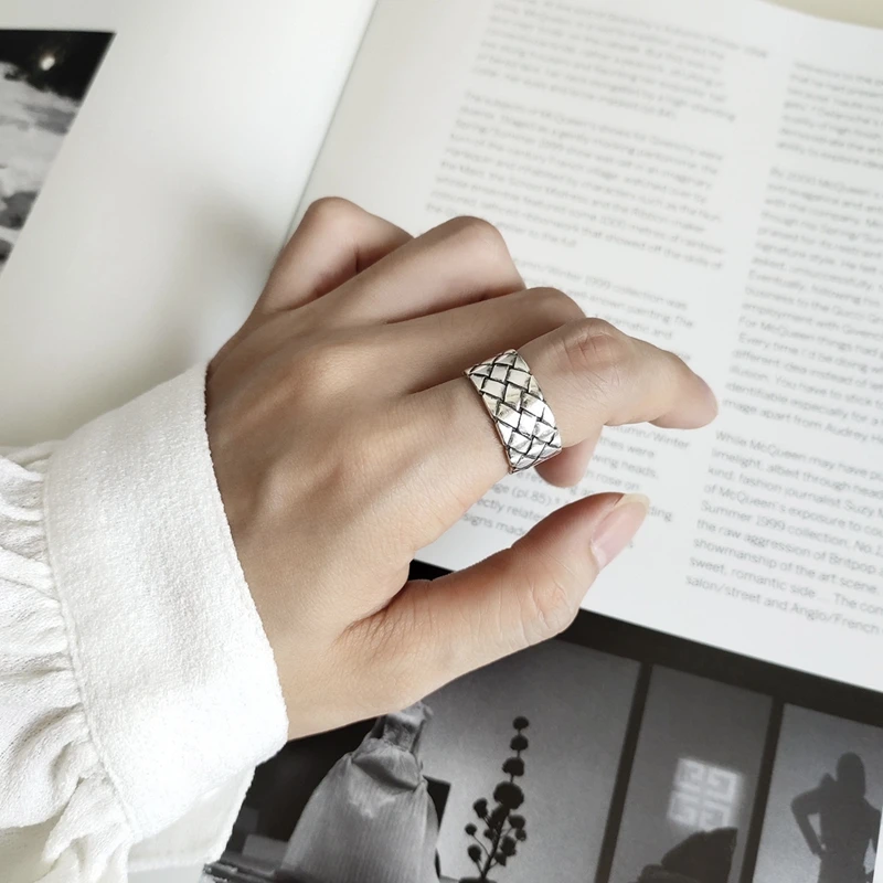 Регулируемое 925 пробы Серебряное Сетчатое Винтажное кольцо с резным узором квадратная линия женское кольцо открытые большие кольца для женщин модное ювелирное изделие