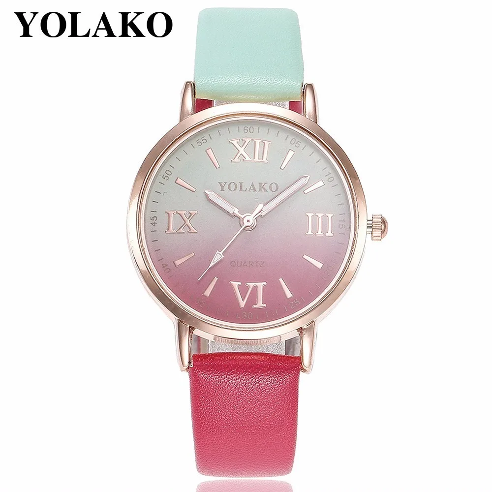 

YOLAKO Brand Women Retro Gradient Rainbow Leather Watch Casual Ladies Sport Quartz Watches Luxury Wrist Watch Relogio Feminino