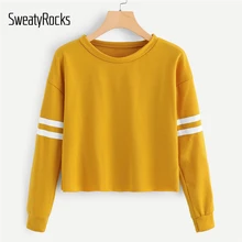 SweatyRocks, имбирь, спортивный, контрастный, полосатый, длинный рукав, круглый вырез, короткий свитер,, осень, повседневные женские толстовки