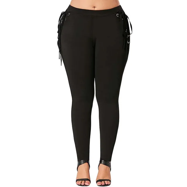 Sexy Lace Up Tight Black Pants Capris Women Skinny Pencil Pants Stretch Trousers