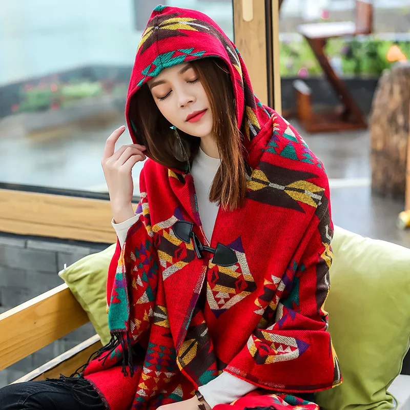 

Multifunction Bohemian Shawl Scarf Tribal Fringe Hoodies Jacket striped Cardigans blankets Cape shawl Poncho tassel Horns button