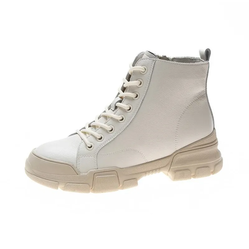 

2018 New Genuine Leather Martin boots female England white boots low-heeled flat boots couple motorcycle women's boots
