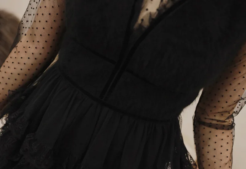 Весеннее дизайнерское платье для подиума, женское сексуальное элегантное гофрированное платье с длинным рукавом в черный горошек, Сетчатое плиссированное платье миди, вечерние платья