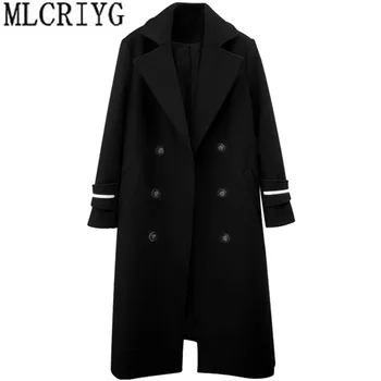

MLCRIYG 2019 Korean Women Wool Coat Double Breasted Wool Blends Coats Autumn Winter Long Woolen Trench Female Outerwear YQ269