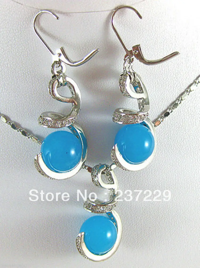 FREE SHIPPING>>@> Wholesale price FREE SHIPPING aBeautiful Blue jade inlay earrings Necklace Set Natural jewelry