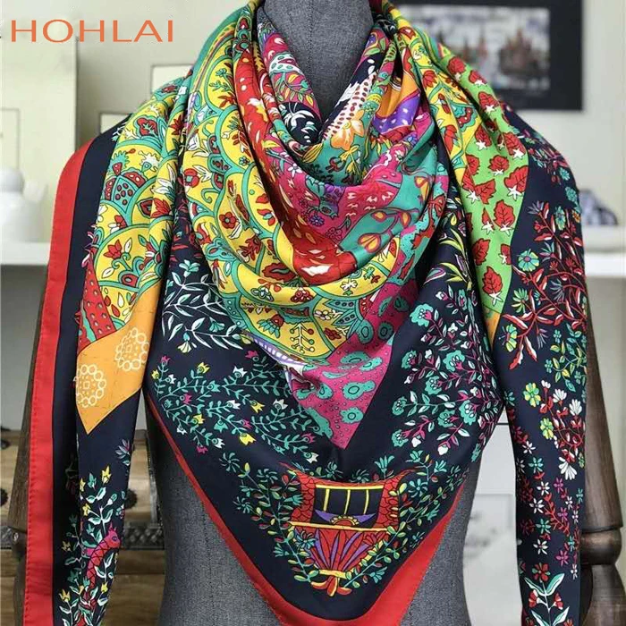 Саржевый шелковый шарф женский шаль с принтом Echarpe Fourlard Femme квадратные шарфы для женщин хиджаб банданы Bufandas Mujer 130*130 см