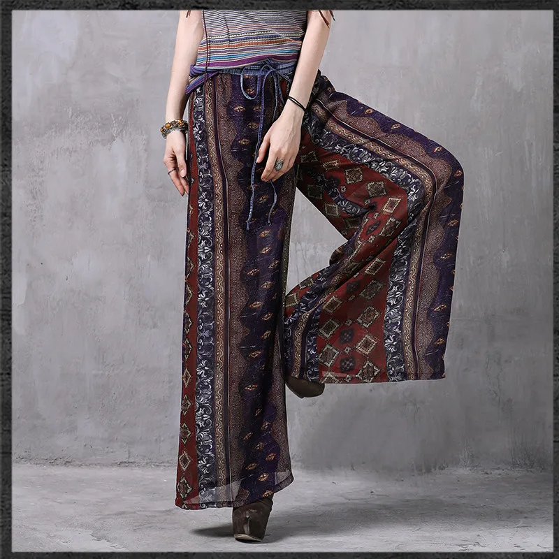 

QPFJQD National Vintage Ladies Full Length Trousers Casual Cotton Chiffon Mid Waist Wide Leg Drawstring Pants Women
