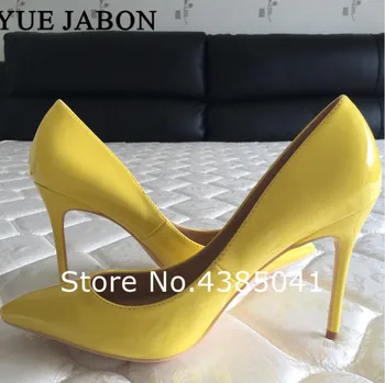 

Best Selling Girl's Bright Yellow PU Leather Pumps Pointy Toe Banquet Shoes Celebrity Favorite Candy Color Shoes Big Size 43