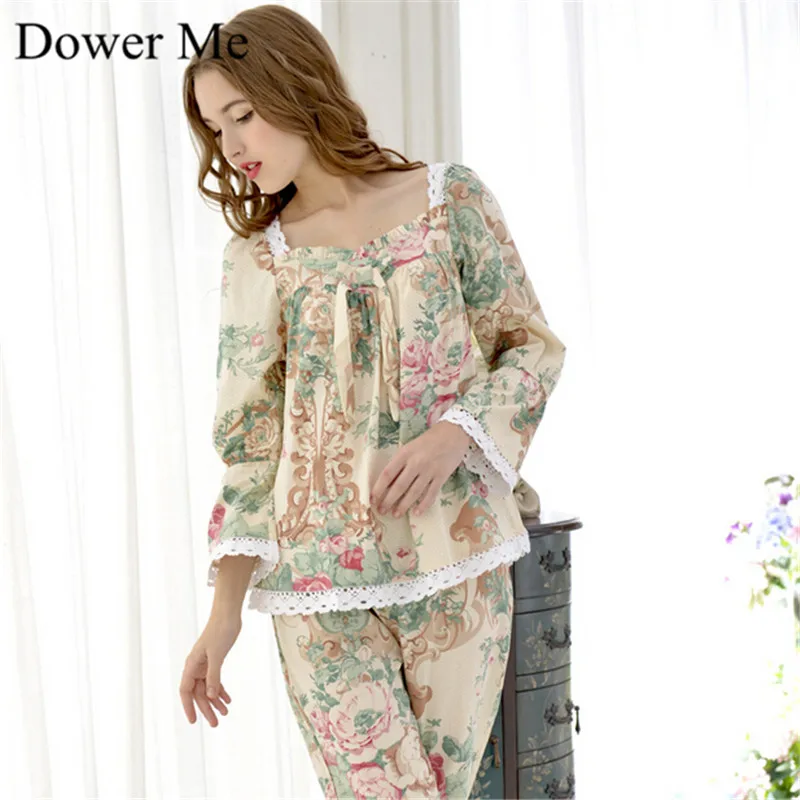 2017 Spring Cheap Pastoral Style Pajama Sets Long Sleeve Women