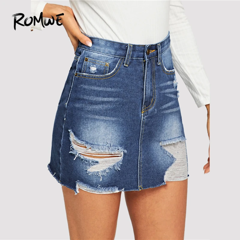 ROMWE 5-Pocket Ripped Detail Облегающая джинсовая юбка синие с высокой талией джинсовые юбки летние женские на молнии Пуговицы сексуальная юбка