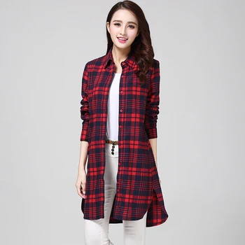 

Long Autumn Spring Women Long Shirt Girlfriend Style Cotton Casual Long Sleeve Red Plaid Shirt Blouses Female Tops OL Blusas