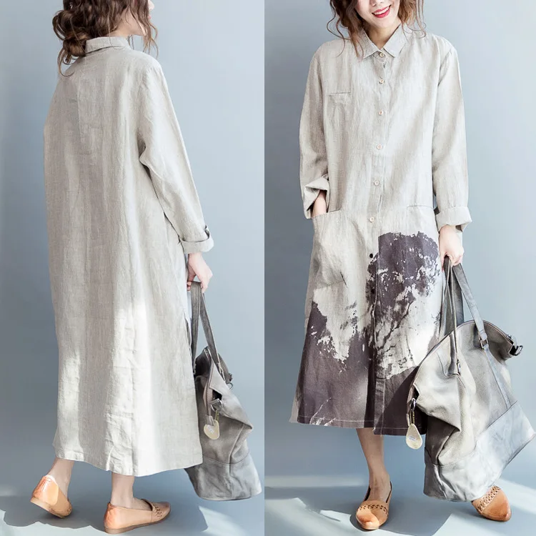Complet Solide D'encre Femmes down Turn blanc Casual Imprimé Printemps Lâche Femelle Manches Peinture Beige Shirts Automne Col Vintage Chemises vqx1X1