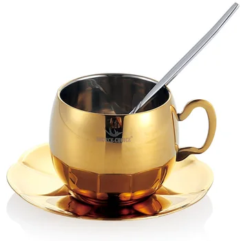 

Hot Sale Europe Style Double Wall Coffee Cup Set Gold Color Stainless Steel Tea Cup Set With Spoon Plate Free Shipping