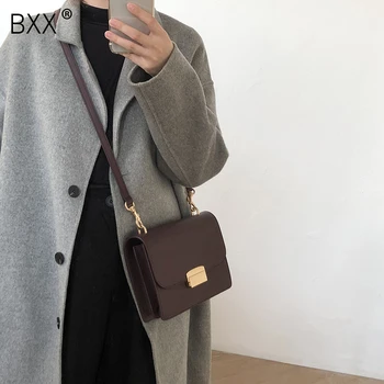 

[BXX] Women's Single Shoulder Crossbody Bag All-match Flap 2020 Fashion Solid Color PU Leather Lock Package Female Bag HF555