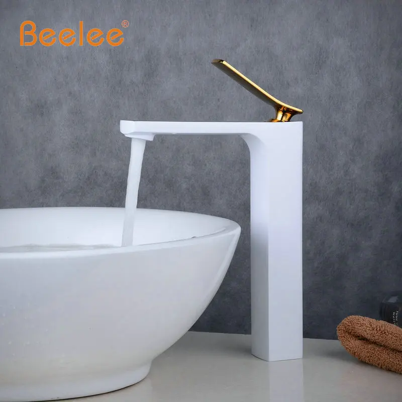 Beelee جديد وصول الحمام صنبور حوض خلاط Torneira Tapware الغرور حوض صنبور الأبيض خبز صنبور مع الذهبي إنهاء الساخن و الماء البارد