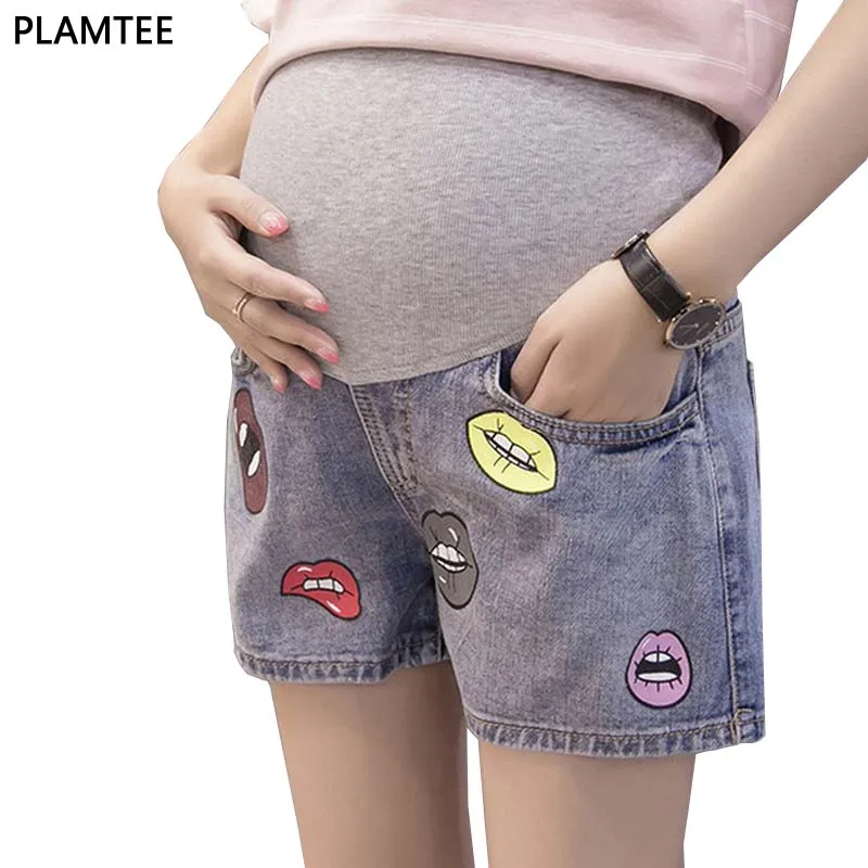 Casual Lips Print Maternity Jeans 2017 All Match Denim Shorts For