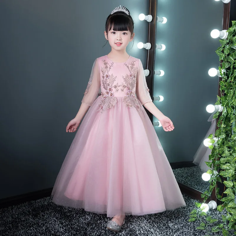 

Exquisite Long Ball Gown Half Sleeve Fancy Flower Girl Dresses Kids Appliques Evening Baptism Birthday Party Wedding Gowns