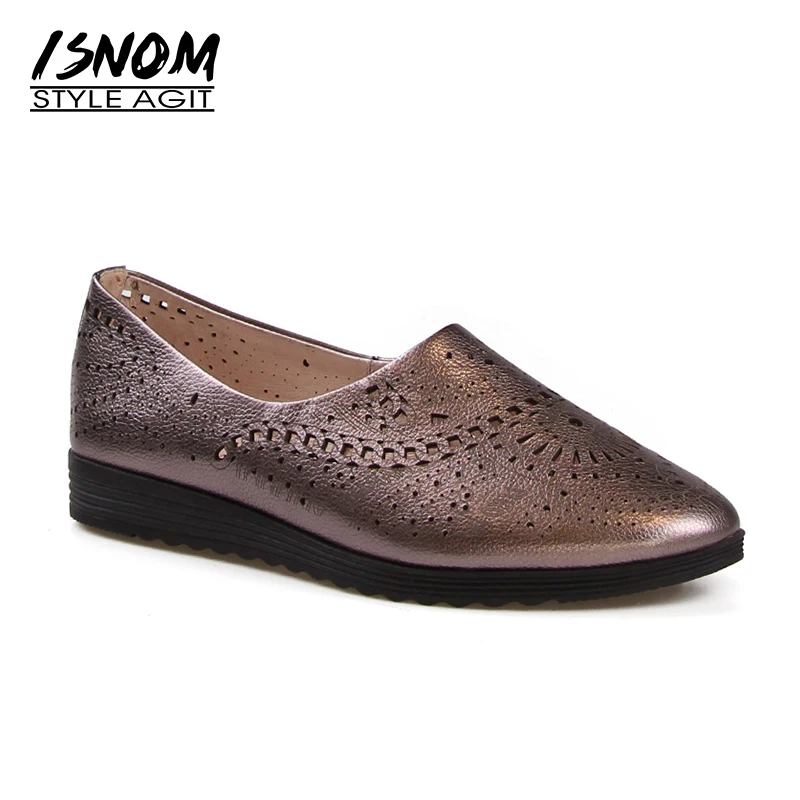 

ISNOM Latest Women Flats Genuine Leather Round Toe Flat Sole Slip Shoes Footwear Autumn Comfort Ladies Shoes Female Flats