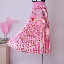 Новинка, розовый эластичный пояс с принтом, длинная Плиссированная юбка с высокой талией