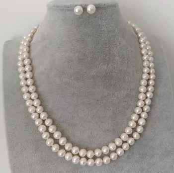 

Unique Pearls jewellery Store 7-8mm White Color Double Rows Freshwater Pearl Necklace Earrings Jewellery Set For Women Gift