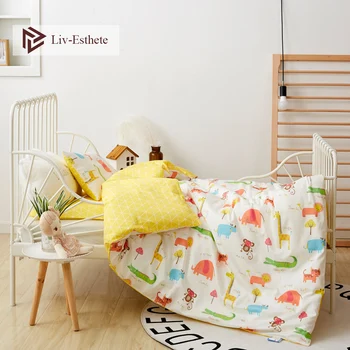 

Liv-Esthete 2020 New 100% Cotoon Zoo Kids Cartoon Blue Bedding Set Duvet Cover Pillowcase Bed Linen For Mom Baby 3Pcs