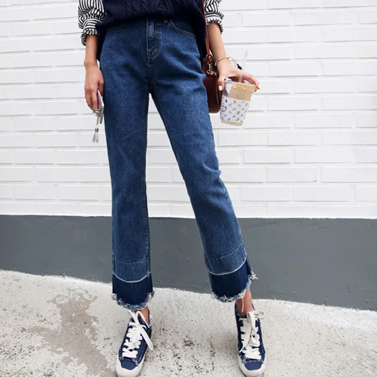 

Vintage Casual 2015 Brief Water Wash Jeans Retro Patchwork Color Block Straight Denim Trousers Female