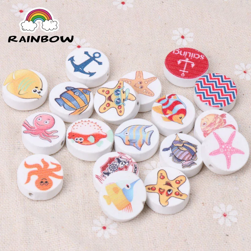 

Mixed White bottom ocean animal pattern Paintied Wooden Spacer Beads For Kids Jewelry 19mm 20pcs