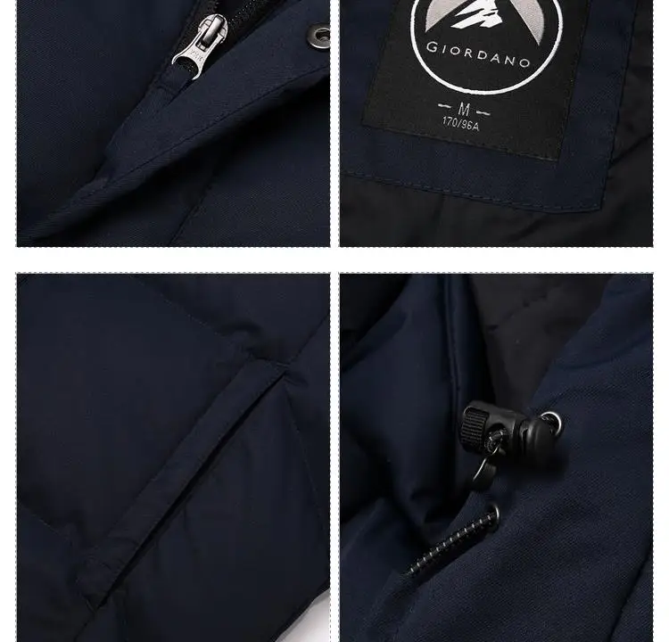Giordano мужской пуховик по форме пальто из утиного пуха, данная модель имеет два варианта цвета и съёмный капюшон