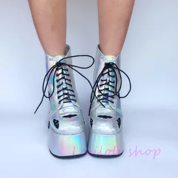 

Princess sweet punk shoes loliloli yoyo Japanese design custom big size silver bright skin lace-up high-heeled boots an7440