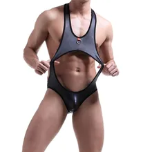 Мужское боди с лямками из искусственной кожи, с открытой спиной, нижнее белье, латексный комбинезон, цельные сексуальные комбинезоны для геев, борцовки, майки, нижнее белье
