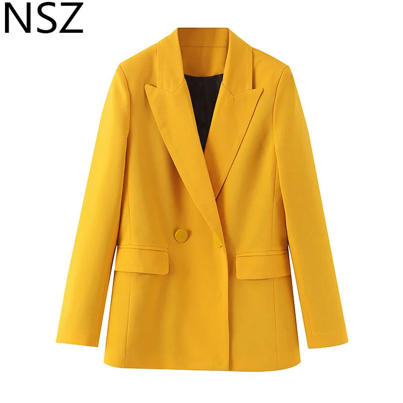 

NSZ Women Yellow Solid Blazer Long Sleeve Double Breasted Office Work Jacket Pocket Coat Outerwear