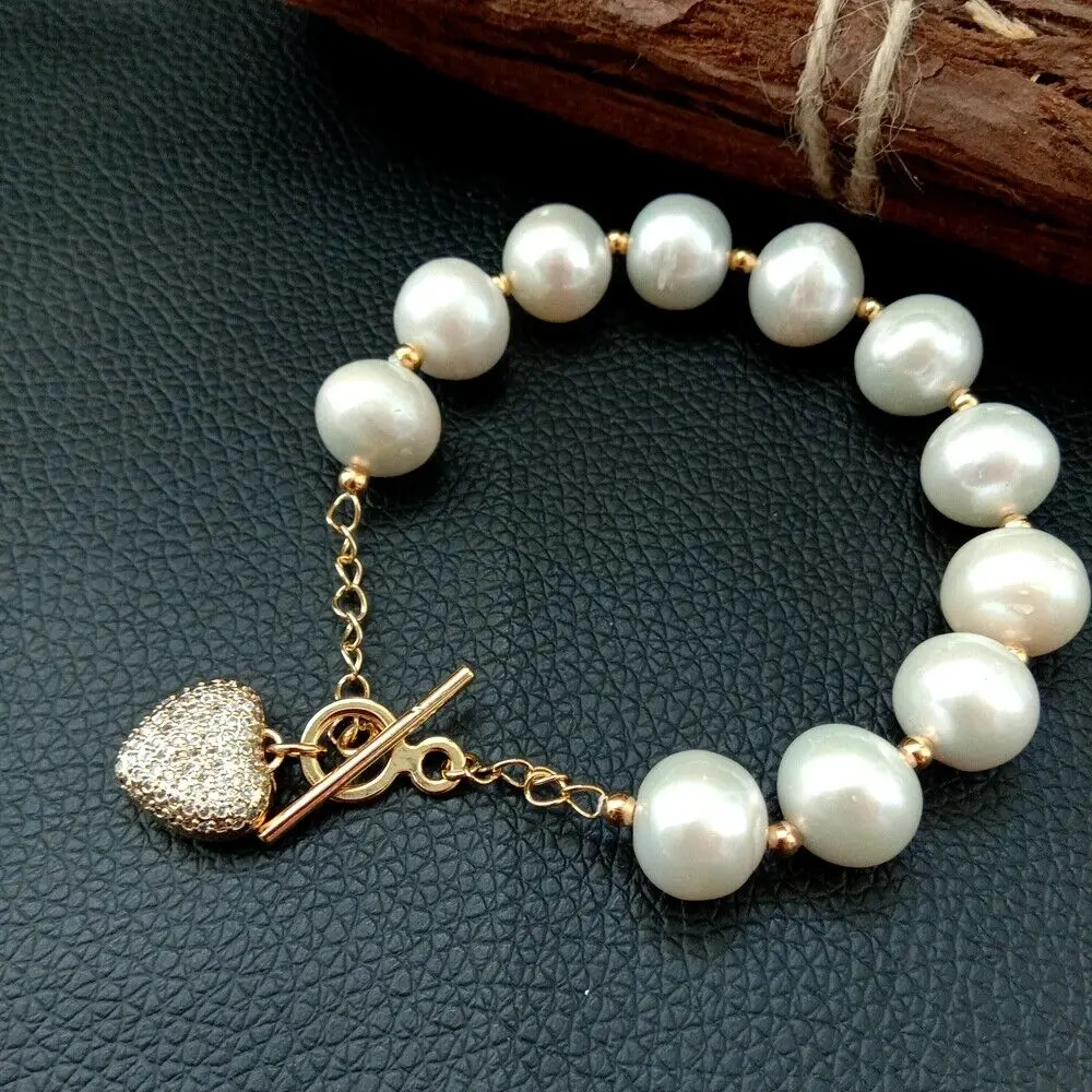 

8'' 11-12MM White Keshi Pearl CZ Pave Pendant Bracelet