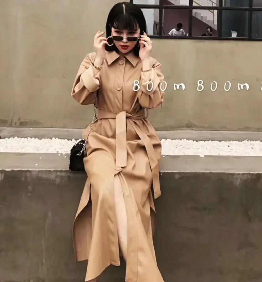 spring autumn Fashion new PU leather windbreaker slim temperament women belted trebch coat