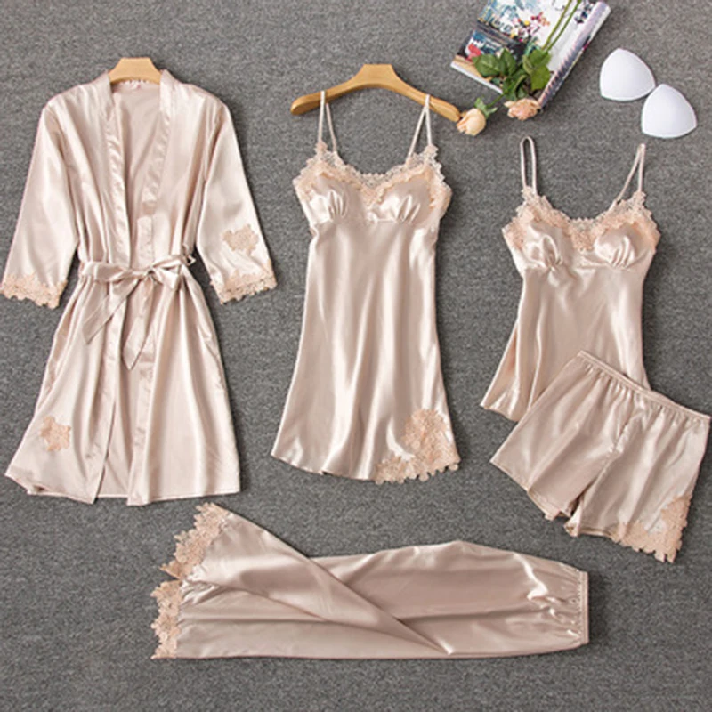

Women's Pajamas 5 Sets Of Pajamas Spring And Autumn Silk 2019 Women's Summer And Autumn Home Service Sexy Pajamas With Chest Pad