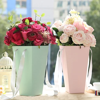 

1pc Pure Color Flower Paper Boxes With Handhold Hug Bucket Florist Gift Packaging Box 15*27*9 CM Party Gift Packing Cardboard
