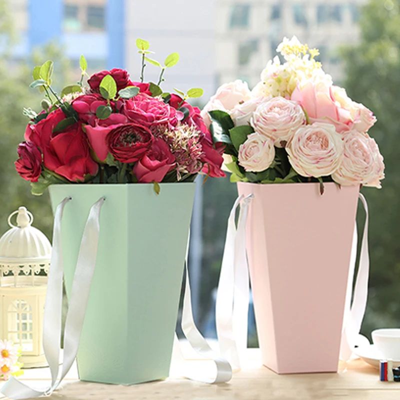 

1pc Pure Color Flower Paper Boxes With Handhold Hug Bucket Florist Gift Packaging Box 15*27*9 CM Party Gift Packing Cardboard