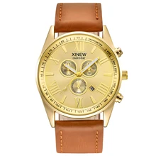 Лидирующий бренд часы XINEW модные роскошные золотые часы мужские кожаный ремешок повседневные кварцевые часы с календарем Relogio Masculino Marca