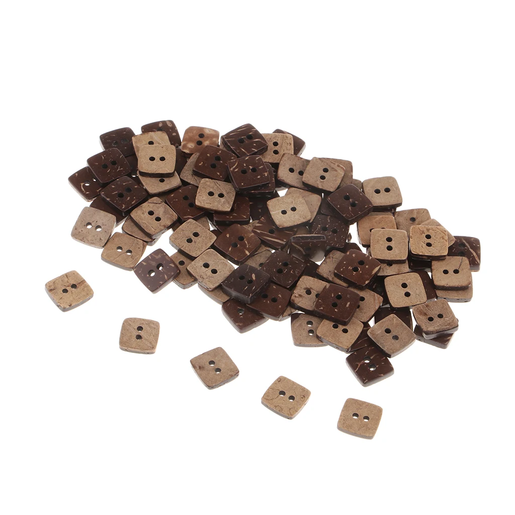 100pcs Square Shape Wooden Coconut Shell Buttons 2 Holes for DIY Sewing Craft