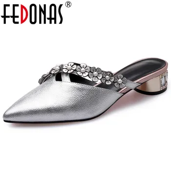 

FEDONAS Fashion Blingbling Genuine Leather Pointed Toe Shallow Slip on Women Pumps Flowers Decoration Elegant Mules Sandals